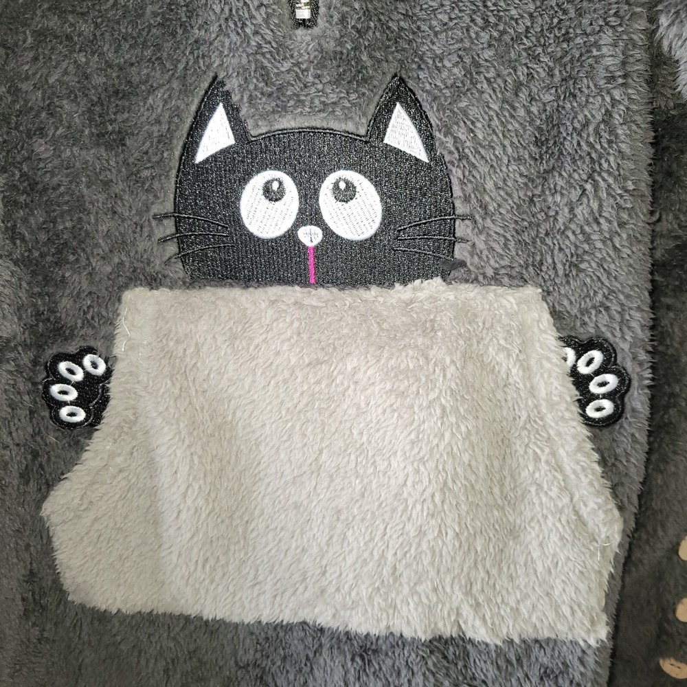 Noracora Plush Fleece Cat Hoodie XXL 1/4 Zip Pouch Pocket Dolman Sleeve Gray - Picture 4 of 15